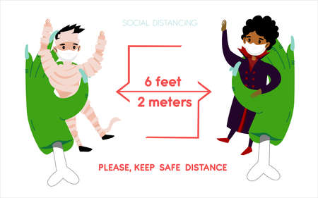 Coronavirus New social distancing Halloween infographic banner with COVID-19 protection distance information. Two characters with face masks and festive costumes in funny cartoon Halloween style.のイラスト素材