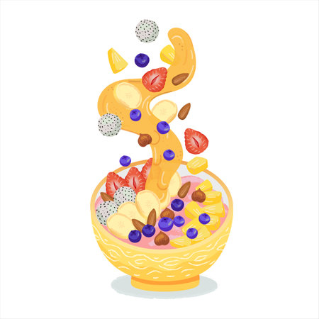 Smoothie bowl acai with fruit toppings. Healthy breakfast. Berry smoothie bowl with bananas, chia, blackberry, pitaya, honey on white background. Healthy vegetarian meal, good for detox diet. Vectorのイラスト素材