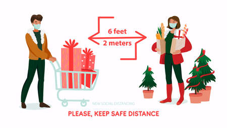 Social Distancing info banner for public place: Christmas market, store, supermarket, shop, mall. Two shopping people with masks and protective info: keep safe distance - 2 meters, 6 feet. Vectorのイラスト素材