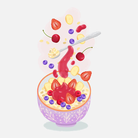 Oatmeal cereal porridge with flying fruits in bowl. Healthy breakfast. Diet Oat granola with berries, banana, strawberry, blueberry, cherry and jam toppings with spoon. Isolated vector illustrationのイラスト素材