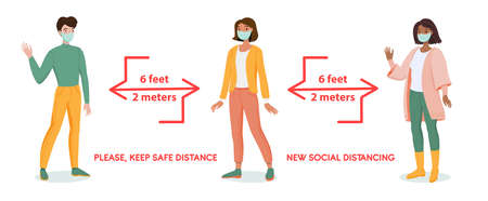 Coronavirus Social Distancing infographic banner with group of people in protective masks and warning info: keep safe distance 2 meters, 6 feet. Prevent from COVID-19virus to spreading and flu. Vectorのイラスト素材
