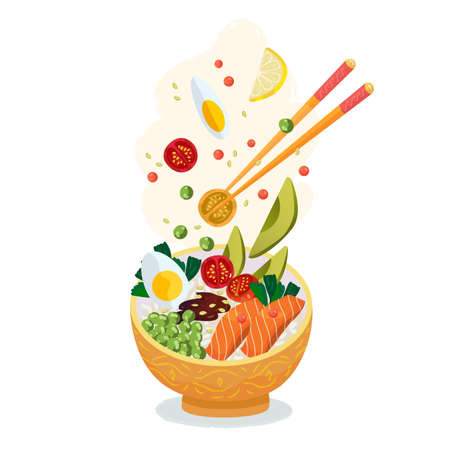 Rice bowl with vegetables and fish. Asian dish in folk style bowl with fried rice and flying toppings - salmon fish, avocado, green pea, tomatoes, egg and soy sauce with chopsticks. Isolated Vectorの写真素材
