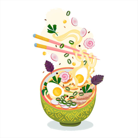 Ramen noodles soup with flying toppings. Japan miso ramen with egg, noodles, meat pork, kamaboko, corn and raddish in deep bowl. Flying food ingredients and chopsticks. Japan, Korean traditional soupのイラスト素材