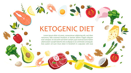 Keto diet banner, landing page, or blog post with space for text on white background. Illustration in a cartoon flat style. Low carbohydrate diet food - vegetables, fish, meat, cheese, nuts, seafoodのイラスト素材