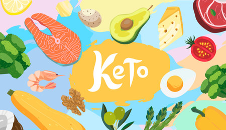 Ketogenic Diet food banner illustration. Healthy keto food - egg, avocado, broccoli, asparagus, organic tomato, vegetable, fish. Concept of healthy fats, proteins and low carbs.のイラスト素材