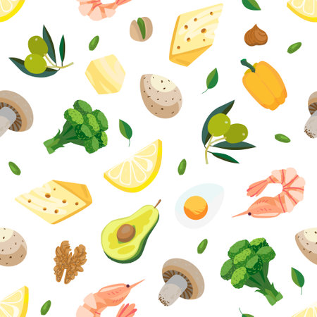 Seamless vector pattern of keto diet with low-crab products - lemon, olives, egg, cheese, pepper, mushroom, butter. Light vegetarian set of healthy food with full objectsのイラスト素材