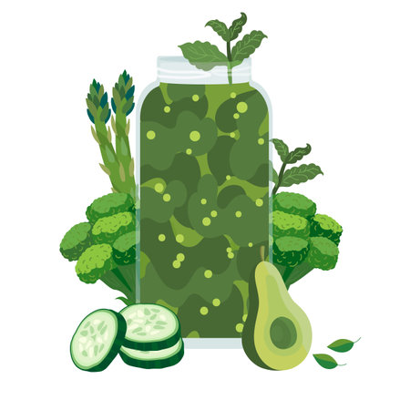 Green smoothie cocktail with asparagus, avocado, cucumber and broccoli. Healthy green drink. Good for vegan, vegeterian, keto, detox an smoothie diets concepts. Vector flat illustrationのイラスト素材