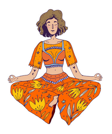Woman sitting in yoga pose lotus and meditate. Doodle vector illustration with white isolated background. Beautiful woman in boho chic style graphic elementのイラスト素材