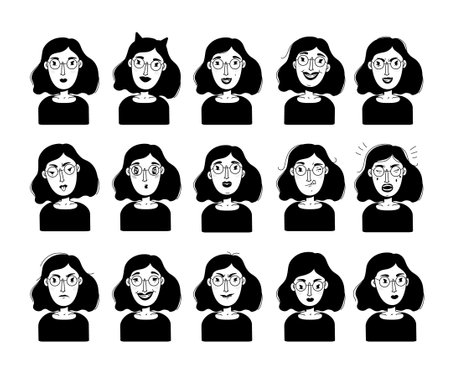 Woman characters emotion portrait set. Person portraits with facial expression. Girl Avatar. Vector illustration in flat doodle monochrome outline styleのイラスト素材