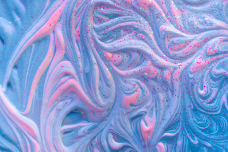 Liquid marble fluid art texture. Light trendy modern background at blue and creamy pink ink colors. Volume inkscape relief with acrylic foam and glitter. Photography, Top viewの写真素材