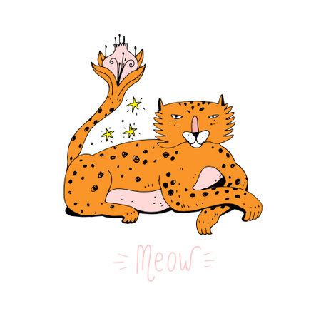 Cute cartoon leopard in doodle style. Funny charismatic animal character with flower tale. Good for greeting card or poster for nursery or kids room, t-shirt or design. Vector illustrationのイラスト素材