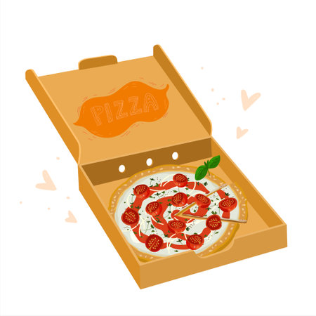 Pizza margherita in open cardboard delivery box. Classic Italian tomatoes pizza with cutted slice. Vegetarian margarita, good for promo food delivery service. Vector illustration isolated on whiteのイラスト素材
