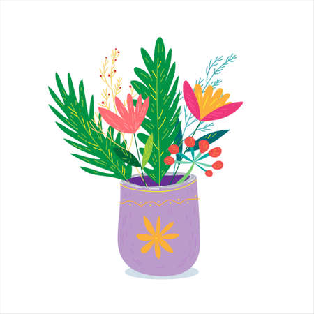 Bouquet of wild flowers in a vase. Cute and cozy cartoon hand drawn vector illustration on isolated white background.のイラスト素材