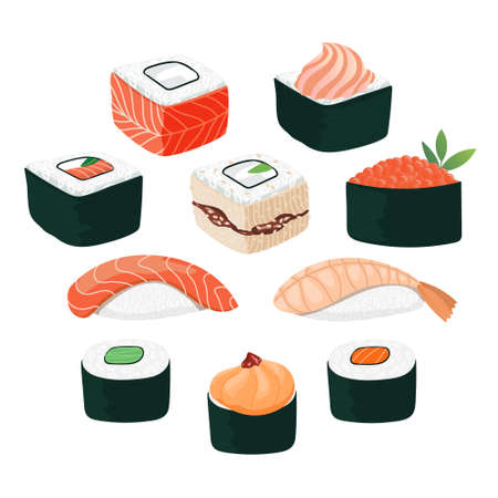 Sushi set. Different types of sushi and rolls. Traditional japan roll, gunkan with tobiko caviar, original with philadelphia cheese and lava sauce, salmon and king prawn. Vector illustration isolatedのイラスト素材