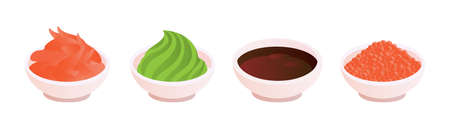 green wasabi, pickled ginger, teriyaki soy sauce, caviar in bowls. Seasoning for sushi meal. Set of traditional sushi sauce. Vector illustration isolated on white backgroundのイラスト素材