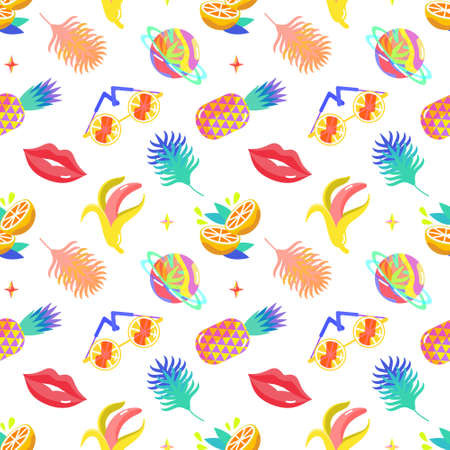 Summer pattern seamless with fashionable elements - red lips, pineapple, palm leaf, banana, beach cocktail, drink, sunglasses, summer planet. Fashion print design. Flat vector illustrationのイラスト素材