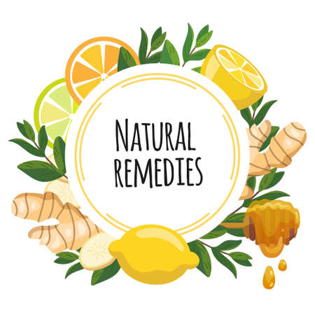 Natural remedies frame banner. Lemon, ginger, honey, mint for cough remedy. Home treatments for flu, viruses and ache. Vector Illustration of natural medicine and boost immunity.のイラスト素材