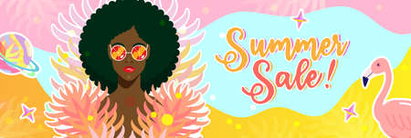 Summer sale banner with fashion model portrait. Beautiful African American woman in citrus...