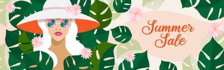 Portrait of blonde woman with long hair and summer wide-brimmed hat. Summer sale long banner concept or flyer in tropical style with palm leaves monstera and fashion model girl in sunglasses. Vectorのイラスト素材