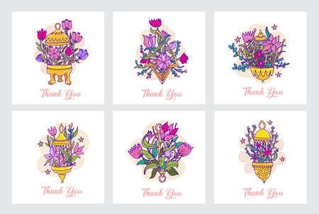 Thank you card set. Thank you cards with flowers composition. Vector illustration in cartoon hand drawn doodle style. Flowers bouquets in a golden vintage bird cages. Elegant aesthetic templateのイラスト素材