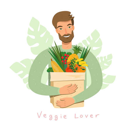 Young Man holding natural fruits and vegetables in grocery paper bag. Bearded vegan man eat organic products. Happy Male cartoon character. Vegetarian, vegan nutrition concept. Eco Vector illustrationのイラスト素材