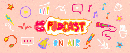 Female podcast banner with hand drawn doodle elements with broadcast show icons. Podcast web banner template in feminine funny style. Vector illustration. Web site header concept for podcast showのイラスト素材
