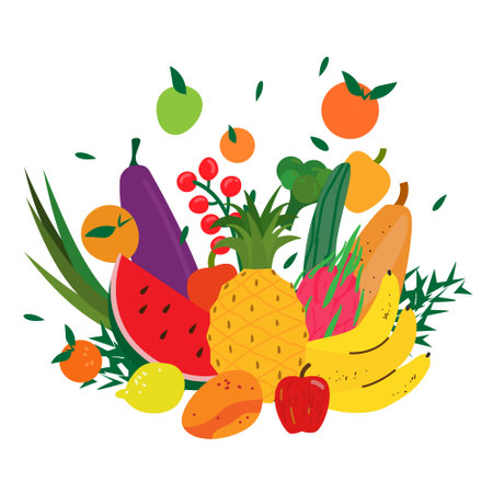 Vegetables and fruits composition isolated on white. Flying colorful veggies and fruits. Healthy food concept for vegan, vegetarian, raw diet. Pineapple, banana, mango, lemon, cucumber, zucchiniのイラスト素材