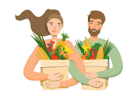 Man and woman buying fruits and vegetables in paper bags. Happy couple with veggies products. Vector illustration with vegan couple. Concept of healthy family nutrition, vegan lifestyle, or diet.のイラスト素材