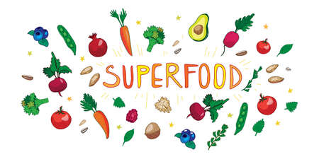 Superfood banner with vegetables, flakes, greens, fruits, berries, nuts. Vector illustration with superfood products set on white isolated background, good for banner, flyer, web page, headline.のイラスト素材