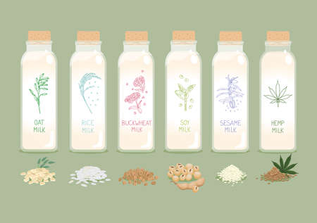 Bottles of plant based vegan plant milk set. Oat, rice, buckwheat, soy, hemp, sesame with seeds. Vector illustration of vegan, vegetarian product of alternative milk in a cartoon flat style with labelのイラスト素材