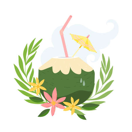 Green young fresh coconut cocktail with straw and umbrella topper. Vector illustration with young coconut in a cartoon style. Good for summer menu, beach bar, poster, banner. Isolated on whiteのイラスト素材
