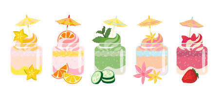 Smoothies summer desserts set with umbrella toppers. Sweet, vegetables, green, berries and citrus taste. Colorful healthy and joyful smoothie. Vector flat illustration on white isolated backgroundのイラスト素材