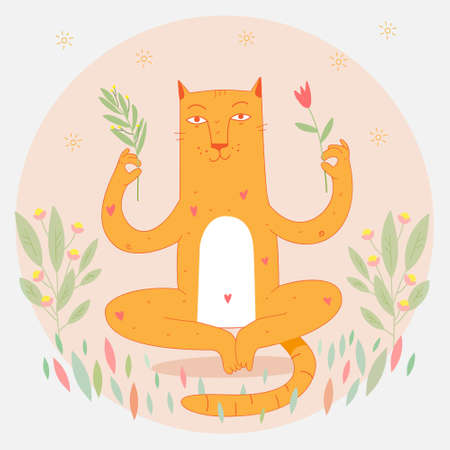 Relaxed cat in harmony sitting in yoga lotus position and meditate. Cat in zen balance with flowers. Vector cartoon character. Self control. Cat has reached enlightenment in the garden and levitatesのイラスト素材