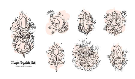 Magic crystals with flowers set. Line art hand drawn doodle elements with quartz crystals and flowers. Elegance and aesthetic floral design icons isolated on white background. Vector illustrationのイラスト素材