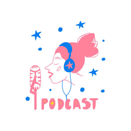 Podcast logo girl. Young female blogger speaking in microphone with headphones. Vector icon with inscription. Face profile with headphones. Good for podcasting, broadcasting, media hosting, bannerのイラスト素材