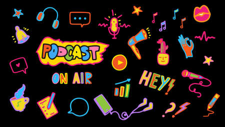 Podcast doodle icons set. Hand drawn vibrant neon elements on black background. Positive colorful design elements with loudspeaker, podcast word, play, like, comment, microphone, notification, on airのイラスト素材