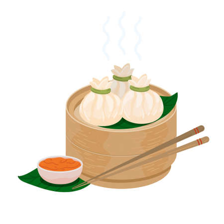Xiaolongbao. Soup dumplings. Chinese steamed bun baozi. Steamed xiaolong bao served in a traditional steaming basket. Xiaolong momo mantou kind of dimsum. Vector icon illustration isolated on whiteのイラスト素材