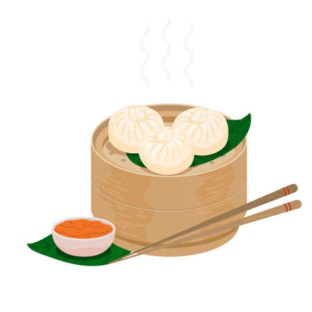 Baozi steamed chinese buns. Momo dumplings in a bamboo wooden steamer basket. Vector illustration of bao zi buns with sticks and chutney sauce. Icon isolated on white.のイラスト素材