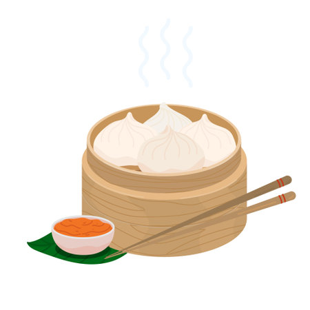 Baozi Mantou Momo Khinkali. Asian traditional food dumplings in bamboo steamer. Vector icon with chinese food steamed dumplings or buns. Khinkaliのイラスト素材