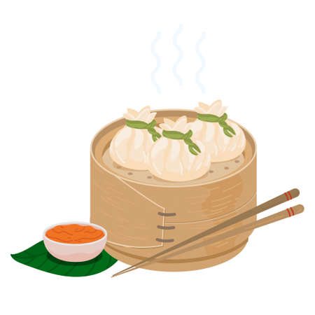 Dimsum chinese dumplings in bamboo steamer basket. Vector icon isolated on whiteのイラスト素材