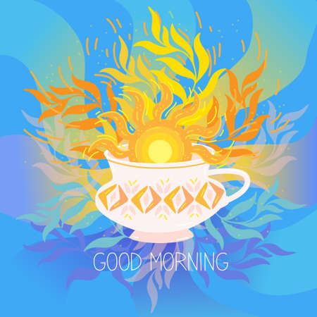 Morning cup of coffee with the sun. The sun rises from a cup of tea. Good morning vector illustration card with sunriseのイラスト素材