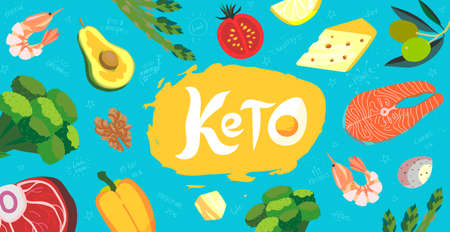 Keto diet long banner with keto foods. Ketogenic diet products in flat cartoon style. Vector of Low-carbs healthy food, vegetables, fish, meat, cheese, nuts, seafood, asparagus and lemon.のイラスト素材