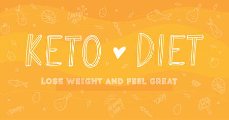 Keto Diet vector banner with lettering and slogan Lose weight and feel great. Foods doodles keto elements on bright yellow background.のイラスト素材