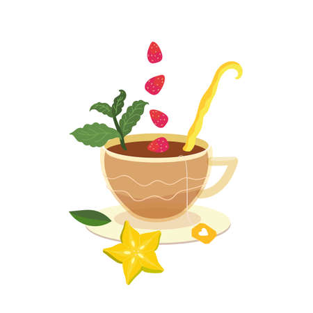 Cup of herbal fruit tea with peppermint, wild strawberries and starfruit. Vector cup of tea in a cartoon style isolated on white backgroundのイラスト素材