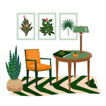 Interior of work cabinet in botanical green style. Vector vintage cozy room with furniture, chair, table, houseplant, carpet, posters, desk. Interior, inside in flat cartoon styleのイラスト素材