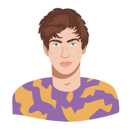 Young man stylish portrait. Caucasian male avatar with trendy hairstyle and modern outfit. Handsome brutal charismatic guy. Vector illustration in flat realistic style. Character isolated on white.のイラスト素材