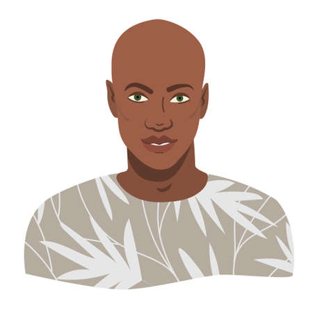 Portrait of bald black man with shaved head. Vector illustration avatar of stylish trendy bald headed african american man. Person isolated on white background.のイラスト素材