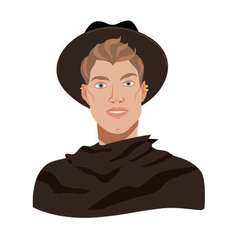 Stylish man in a hat and black coat. Fashionable man smiling. Male portrait in flat cartoon style. Middle aged guy avatar isolated on white background. Vector illustration.のイラスト素材