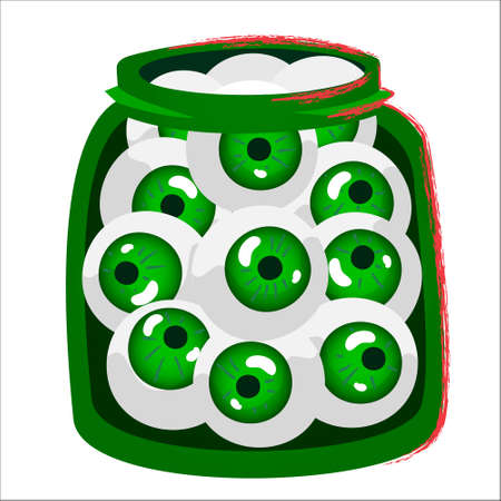 Zombie eyes. Halloween jar with pickled zombie eyes. Spooky vector flat cartoon illustration. Creepy halloween marinated eyeballs clipartのイラスト素材