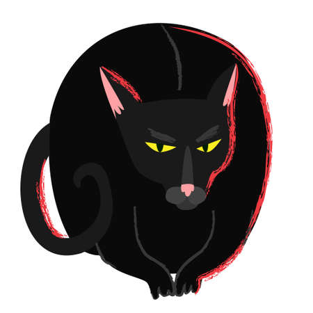 Black witch cat in cartoon flat style. Halloween creepy grumpy cat. Hellcat clipart isolated on white. Vector illustrationのイラスト素材